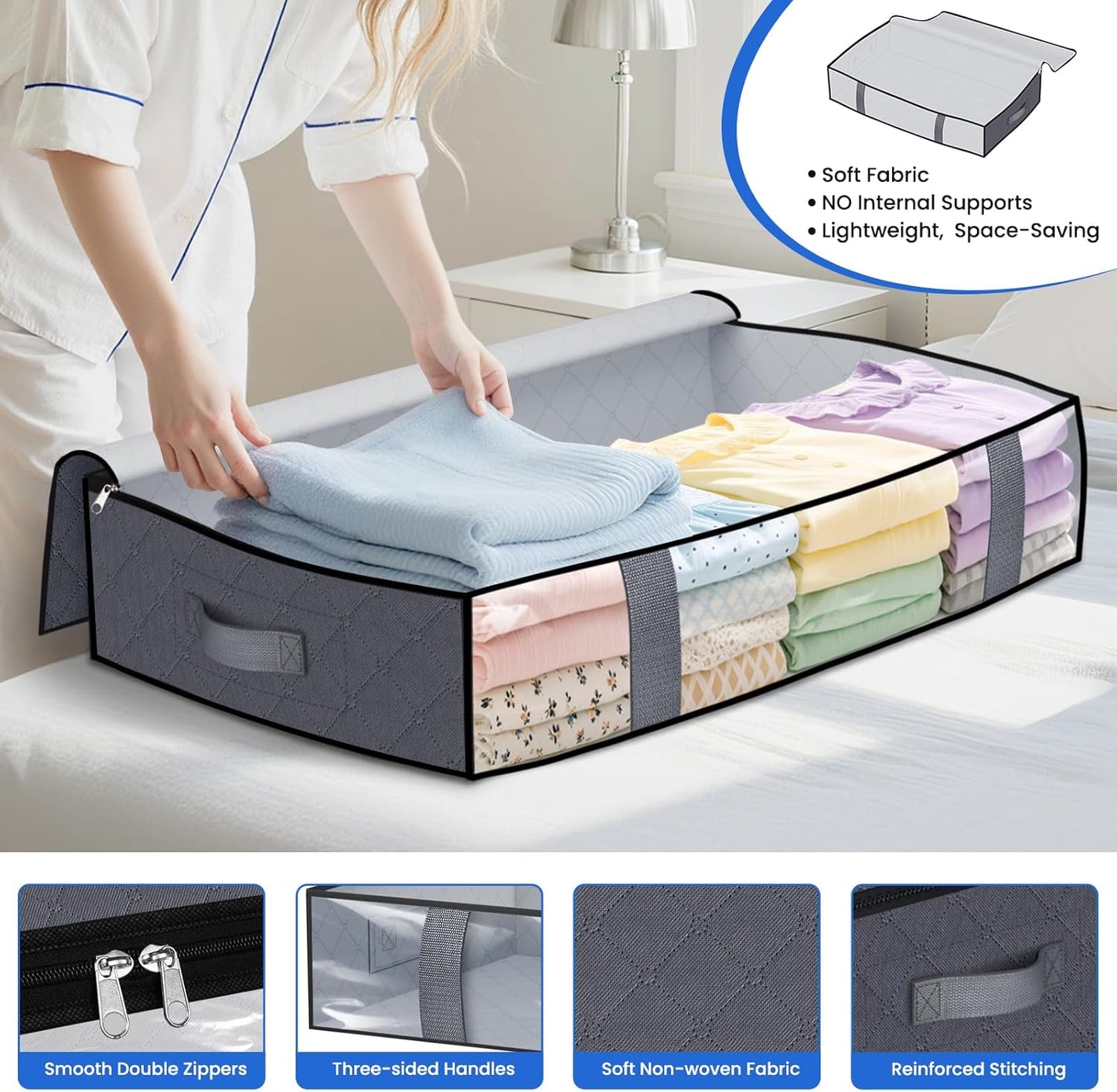 TasticTotes Under Bed Storage Containers, 4 Pack Blanket Storage Bags, Collapsible Storage Bags with Big Zippers, Clear Front, Shoe Storage and Organization for Clothes, Comforter, 60L, Grey
