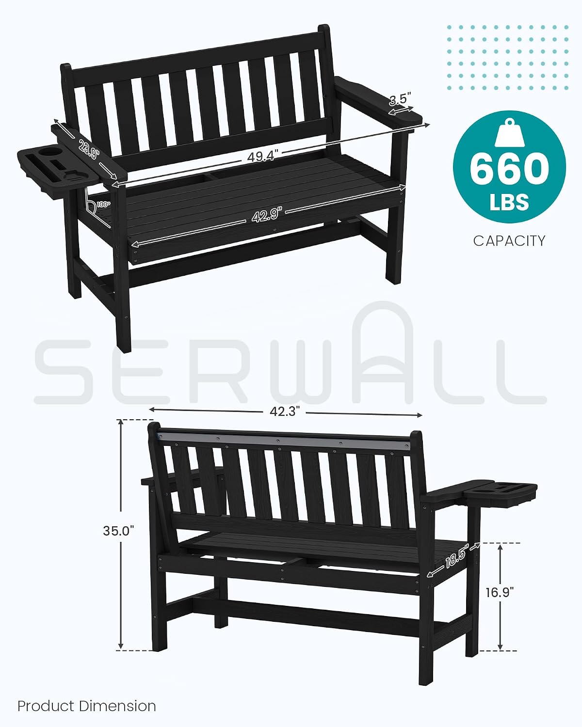 SERWALL HDPE Outdoor Storage Bench, Deck Box with Waterproof Storage Bags | All-Weather Benches | 57 Gallon Dual-Use Seat | Organizer Deck Boxes for Patio, Garden Tools & Pool | Dark Black