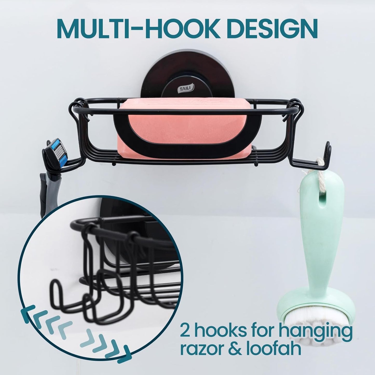 TAILI Soap Holder for Shower – Suction Cup Bar Soap Dish with Hooks, Rustproof Stainless Steel, Self-Draining Sponge Holder with Razor Holder for Bathroom & Kitchen, Black