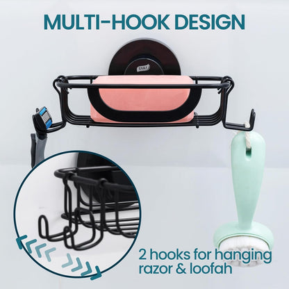 TAILI Soap Holder for Shower – Suction Cup Bar Soap Dish with Hooks, Rustproof Stainless Steel, Self-Draining Sponge Holder with Razor Holder for Bathroom & Kitchen, Black