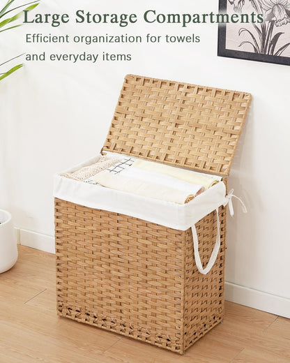 SETVSON Laundry Hamper with Lid Laundry Basket 132 L (35 Gal) Wicker Clothes Hamper, Handwoven Rattan Hamper with Handles and 4 Removable Liner Bags, 6 Mesh Bags for Laundry Bedroom Natural