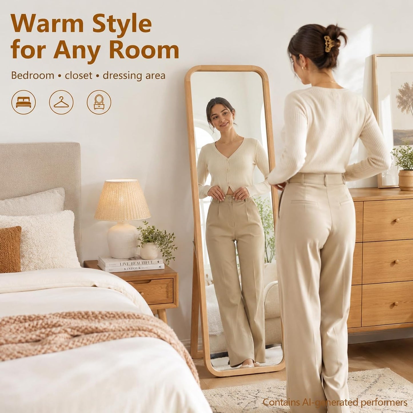Anwick Full Length Floor Mirror Wood Frame Standing Mirror Walnut 63 in | Solid Wood Frame, Clear Float Glass, Adjustable Stand or Wall Mount, Rounded Walnut Finish for Bedroom or Dressing Room