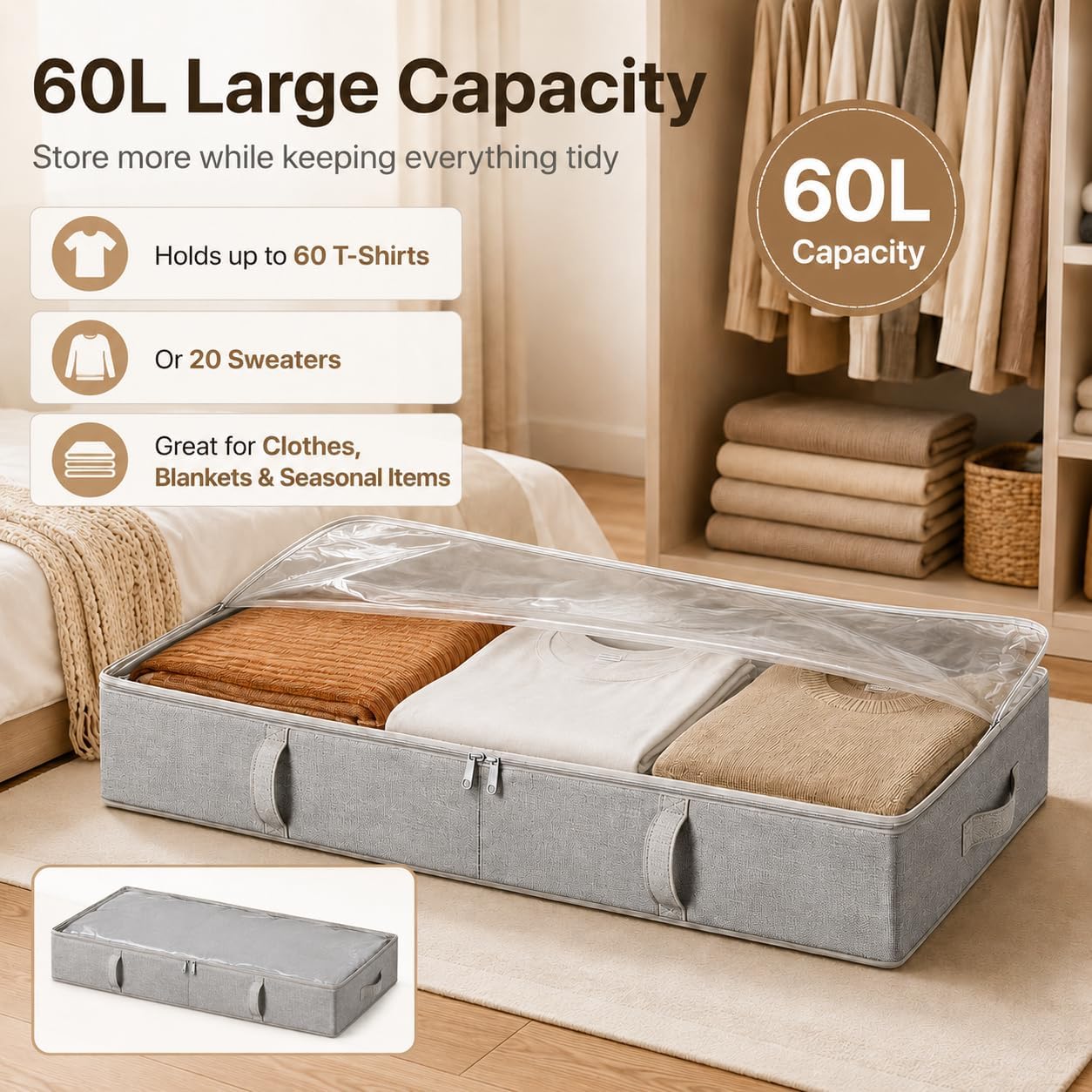 Vailando Side-Supported Under Bed Storage Containers, 6 Inches Tall 60L Underbed Storage Bins with Sturdy Handles and Sidewalls, Closet Organizer for Clothes, Blankets, Seasonal Items, Beige, 2-Pack