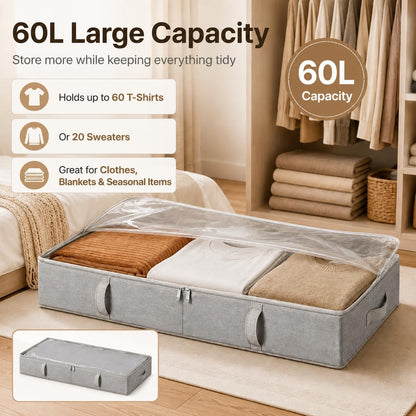 Vailando Side-Supported Under Bed Storage Containers, 6 Inches Tall 60L Underbed Storage Bins with Sturdy Handles and Sidewalls, Closet Organizer for Clothes, Blankets, Seasonal Items, Beige, 2-Pack