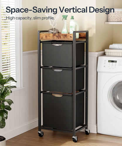 HOOBRO Vertical Laundry Hamper with Wheels, Slim 3 Section Laundry Sorter, Space Saving Rolling Laundry Cart with Removable Bags & Shelf, Laundry Basket for Bathroom, Bedroom, Rustic Brown