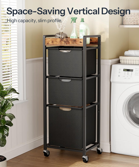 HOOBRO Vertical Laundry Hamper with Wheels, Slim 3 Section Laundry Sorter, Space Saving Rolling Laundry Cart with Removable Bags & Shelf, Laundry Basket for Bathroom, Bedroom, Rustic Brown