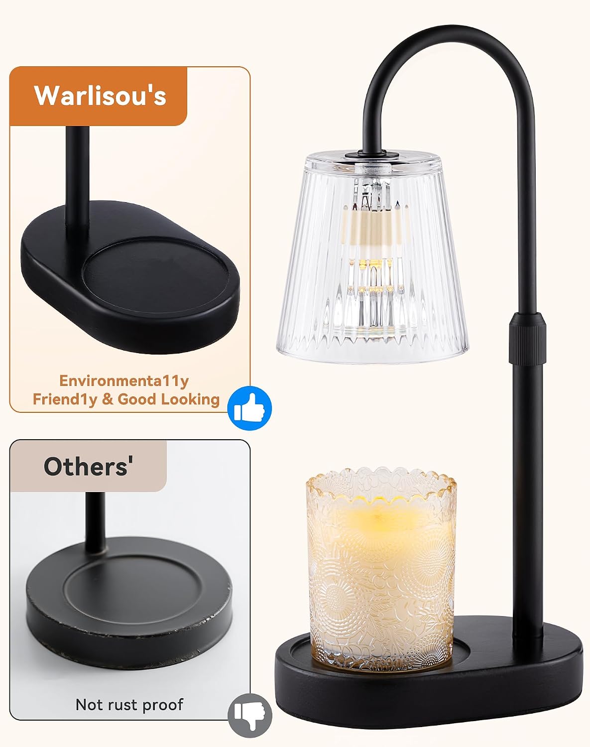 Adjustable Candle Warmer Lamp with Timer - Electric Light Wax Warming Dimmable Flameless Top Melter Heater Melting Heating Height Small Jar Candles Gifts Women Mom Birthday Home Desk Modern Decor