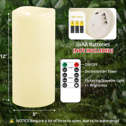 NURADA Large Waterproof Flameless Candles 6" 8" 10" x 4" - Outdoor Indoor LED Pillar Flickering Candle Battery Operated with Timer Remote for Patio Porch Lanterns - Ivory White Set of 3