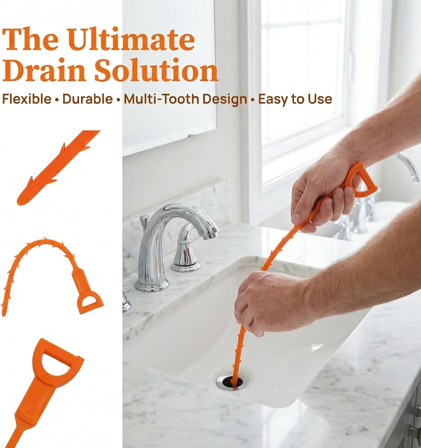Drain Snake Hair Clog Remover Orange Plastic, 20 Inch Barbed Design for Bathroom Tub Kitchen Sink Toilet Sewer Cleaning 4 Pack