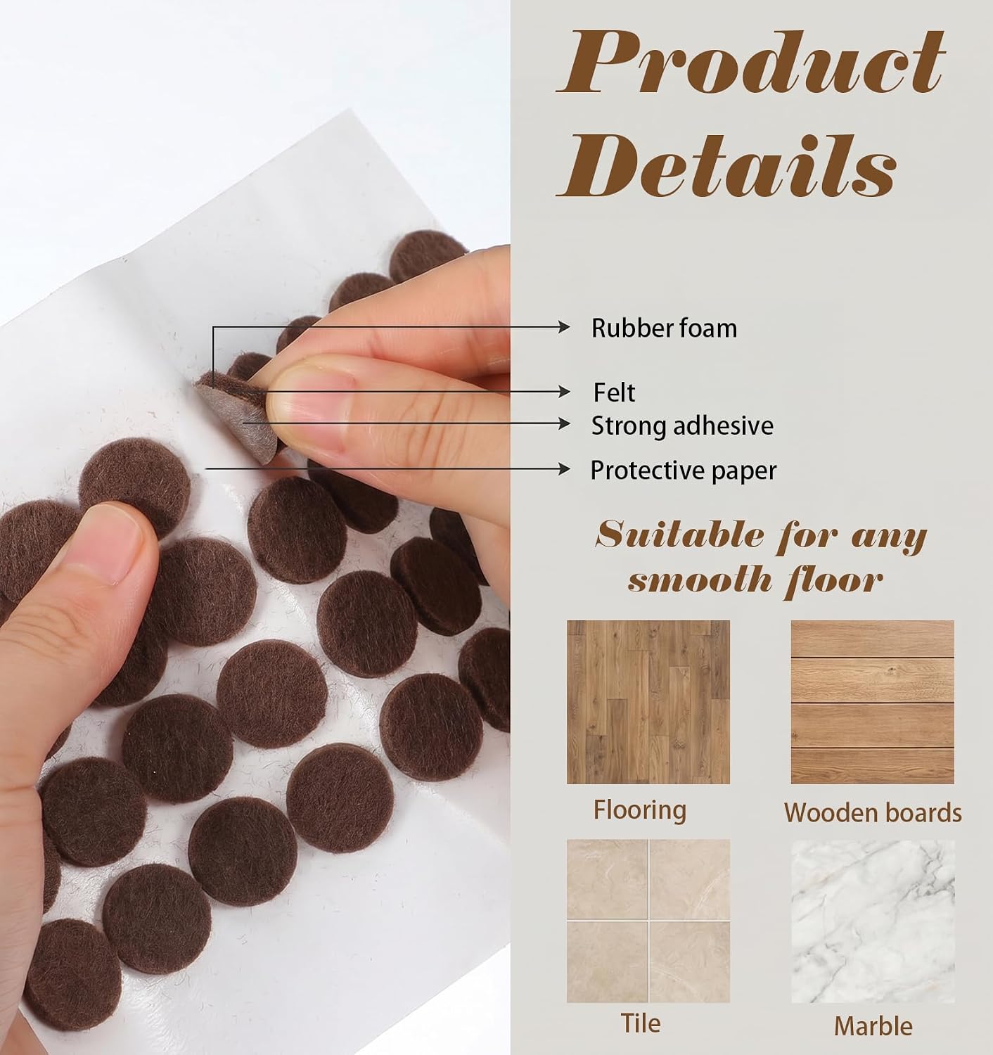 72 PCS Felt Chair Pads, 1/2 Furniture Felt Pads for Hardwood Floors | 1/2 Inch Felt Pads for Chair Legs, Brown, Self-Adhesive, Felts Bumpers, For Quiet Closing, 3/4 Inch Diameter