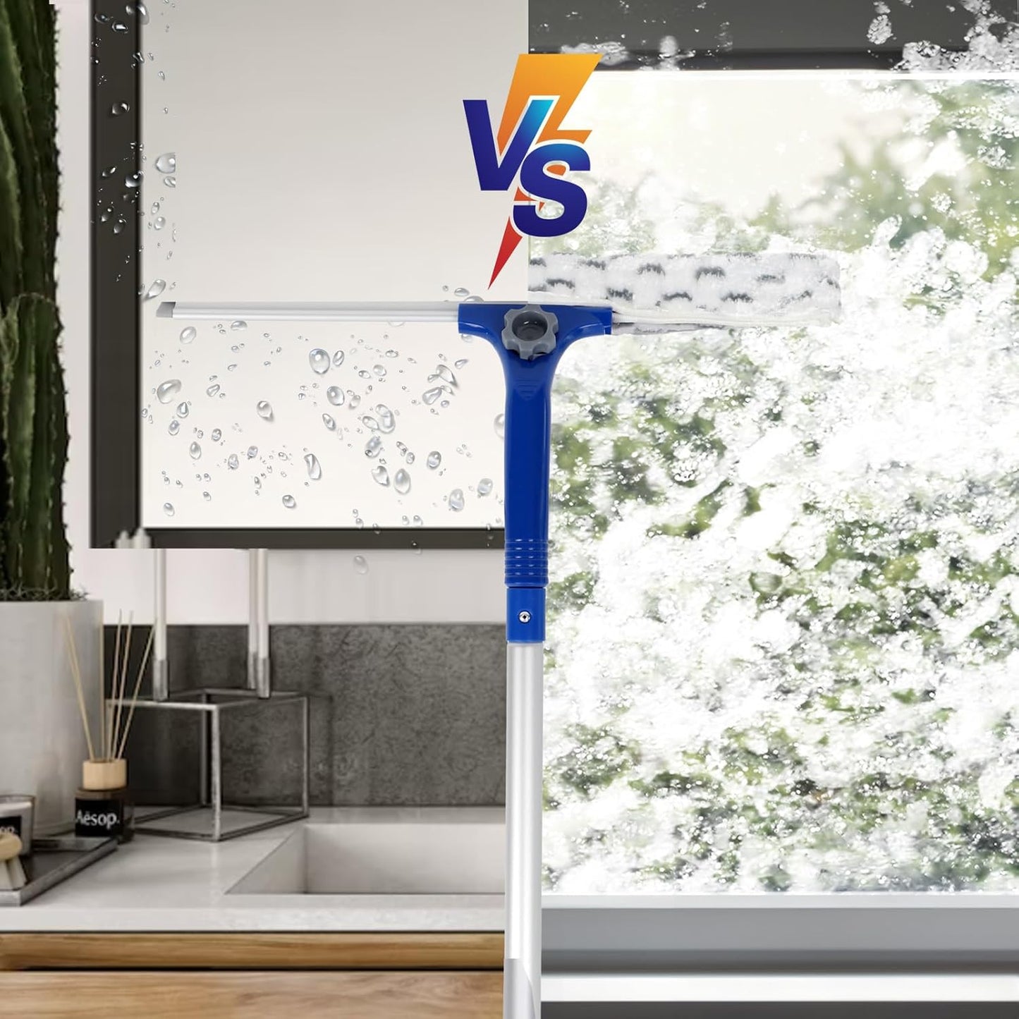 Window Shower Squeegee with 2 Pads Microfiber Scrubber, 14" Rubber Scrubber Squeegee with 59" Long Aluminum Handle for Window, Shower Glass Door, Mirror Cleaning
