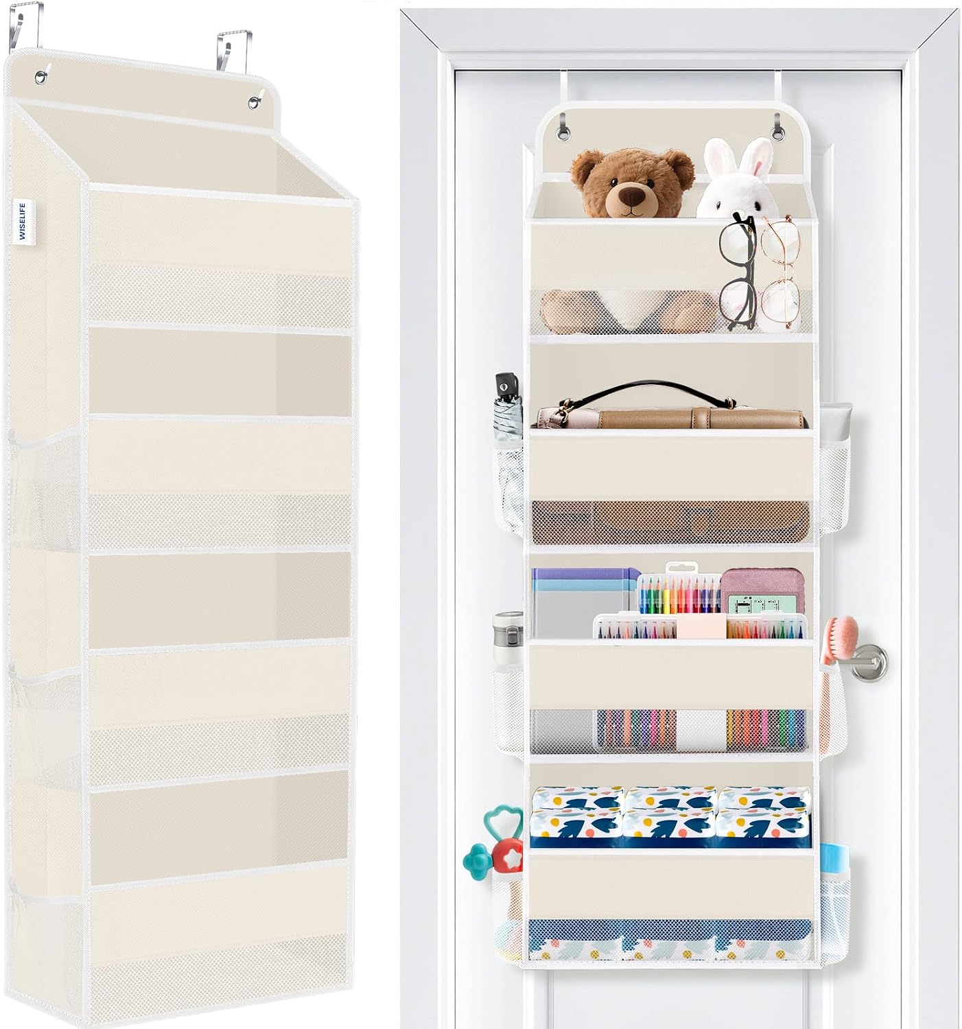 WISELIFE Over The Door Organizer Storage 4 Shelves Large Capacity Hanging Bedroom Storage Solution with 6 Side Pockets for Dorm Bathroom Pantry Nursery and Baby Essentials Holds up to 40 Lbs (Black)
