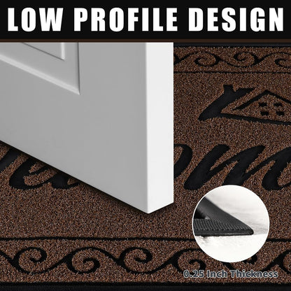 Yimobra Welcome Mat, Heavy Duty Sturdy Door Mats for Home Entrance Outdoor Indoor, Front Doormat for Outside Patio Floor Entry Porch Garage Office, Waterproof, Low Profile, 29.5x17, Black Grey