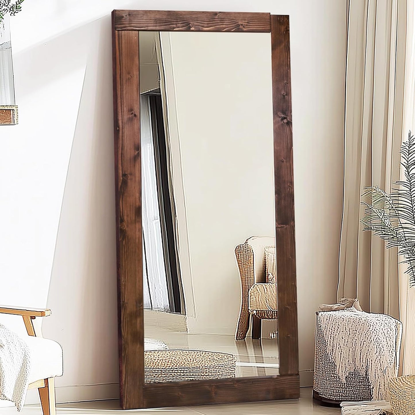 Solid Wood Full Length Mirror - 65"x22" Arched Floor Mirror, Free Standing & Wall Mounted - Elegant Design for Bedroom, Dressing Room, Hallway, Brown