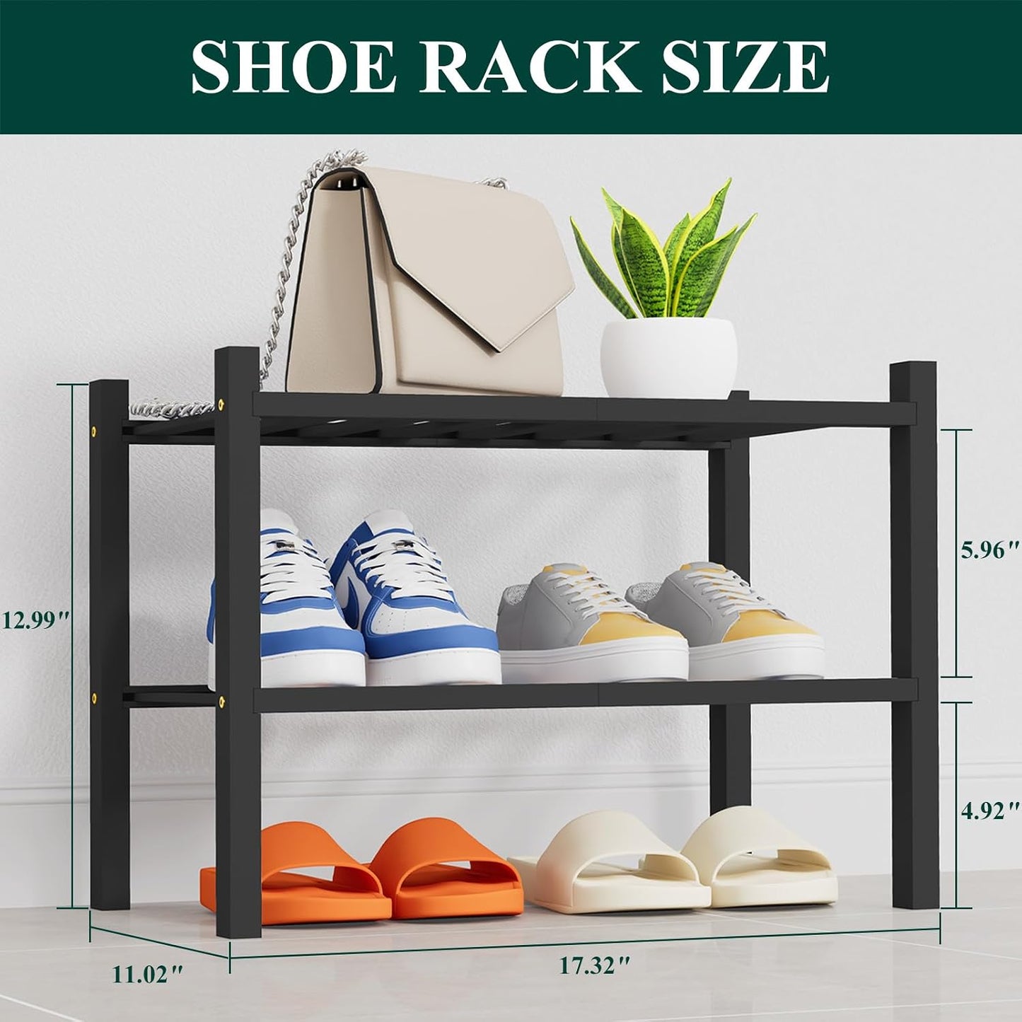 Smiry Bamboo Shoe Rack, 3 Tier Free Standing Wooden Shoe Organizer, Stackable Wood Shoe Storage Shelf for Closet, Entryway, 12 Vertical Slats, 2+1 Stack Standard Legs, 26.8"x11"x19.5", Natural