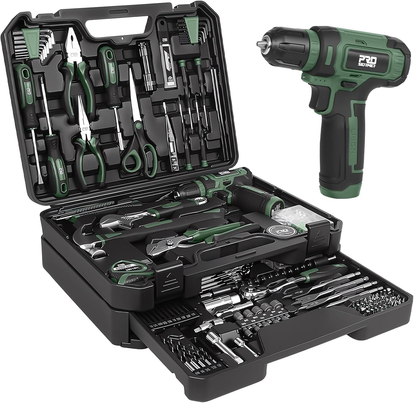 Prostormer Tool Set with 8V Cordless Drill, 369-Piece Home Tool Kit with Drill Driver, Toolbox Storage Case with Drawer, General Household Tools for Home Repairs and DIY, Handyman (Blue)