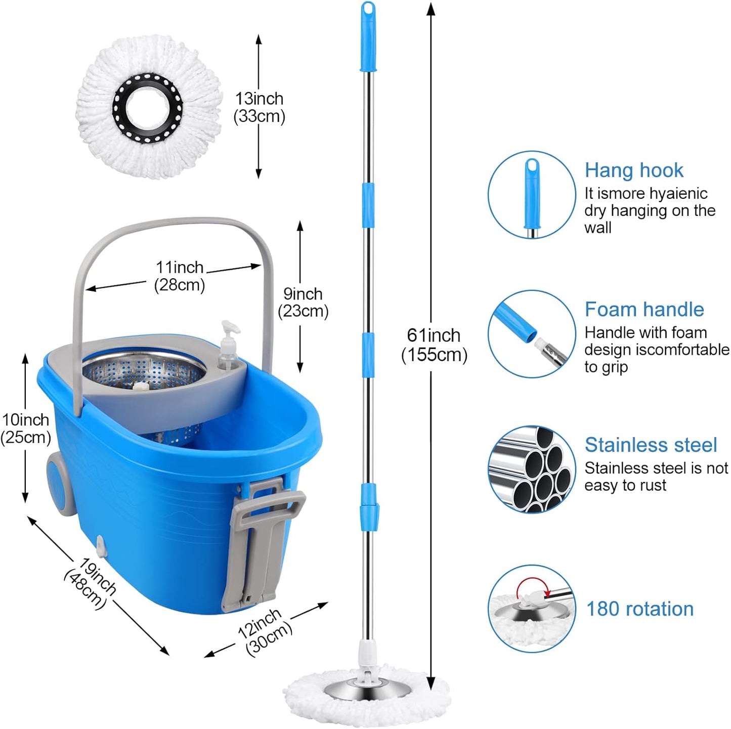 Spin Mop and Bucket with Wringer Set, 360° Spinning Mop Bucket System with 3 Microfiber Mop Replacement Heads and 50" Stainless Steel Adjustable Handle for Floor Cleaning