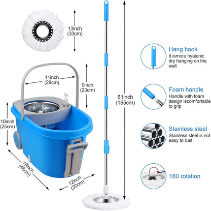 Spin Mop and Bucket with Wringer Set, 360° Spinning Mop Bucket System with 3 Microfiber Mop Replacement Heads and 50" Stainless Steel Adjustable Handle for Floor Cleaning