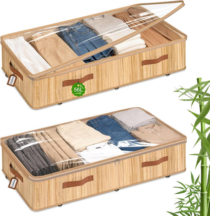 Livole 2 Pack Bamboo Under Bed Storage Containers with Wheels | Breathable Bamboo, Invisible Wheels, 6 inches Height, 56L Large Capacity, Easy Setup, Handles, Clear Lid