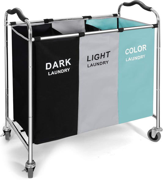 Laundry Basket with Wheels, 240l Laundry Hamper with 3 Section Laundry Bag for Dirty Clothes, Dorm Room Essentials, Towel Organization & Toys Storage Laundry Cart in Laundry Room Organization