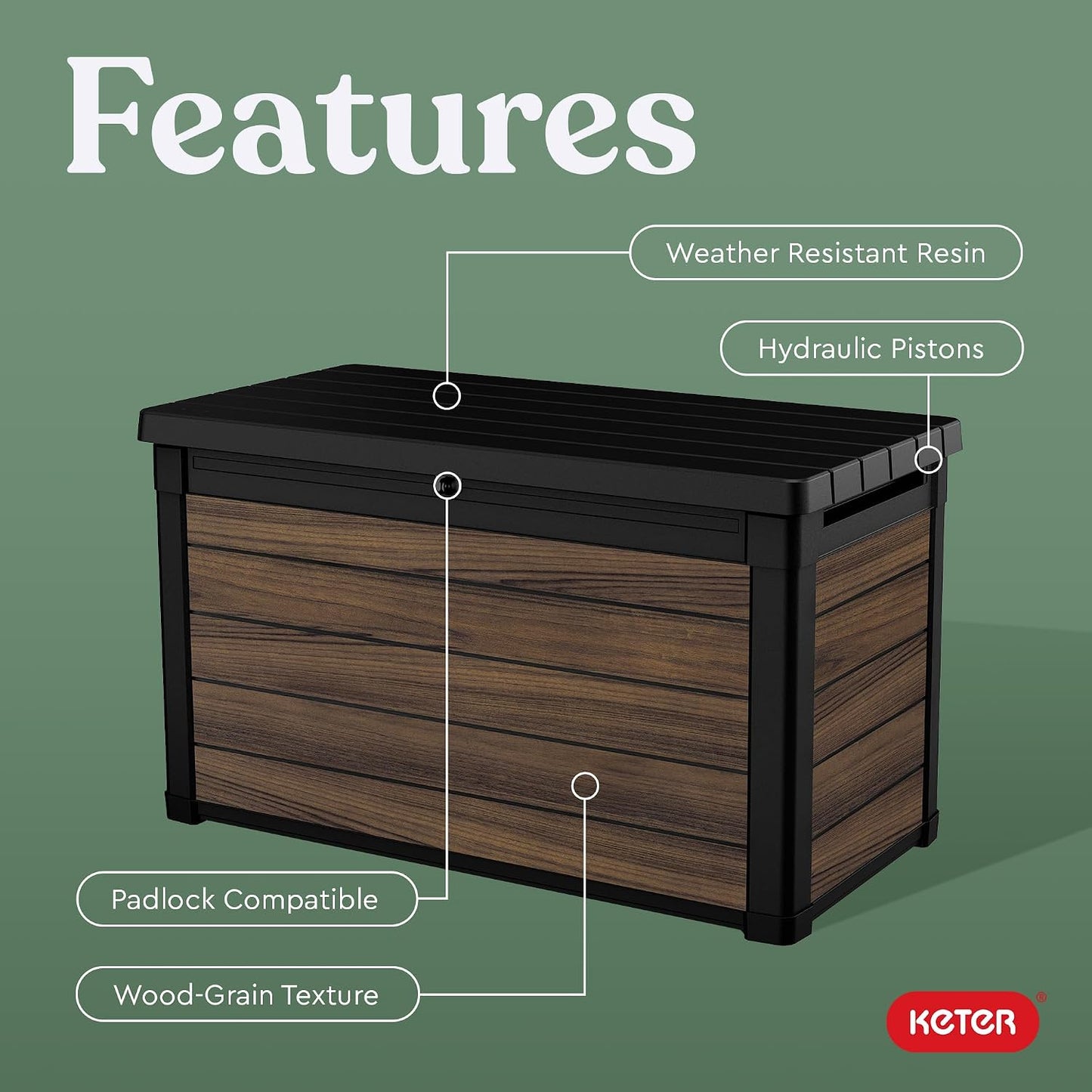 Keter Signature Everwood 30 Gallon Resin Outdoor Storage Box and Patio Furniture Side Table for Pool and Garden Accessories, Walnut