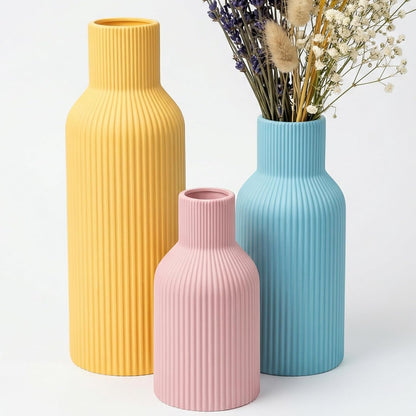 White Ceramic Flower Vases Set of 3, Modern Matte Vertical Ribbed, Nordic Minimalist Decor for Pampas, Dried & Fresh Flowers, Centerpiece for Living Room, Shelf, Entryway, Wedding,Office