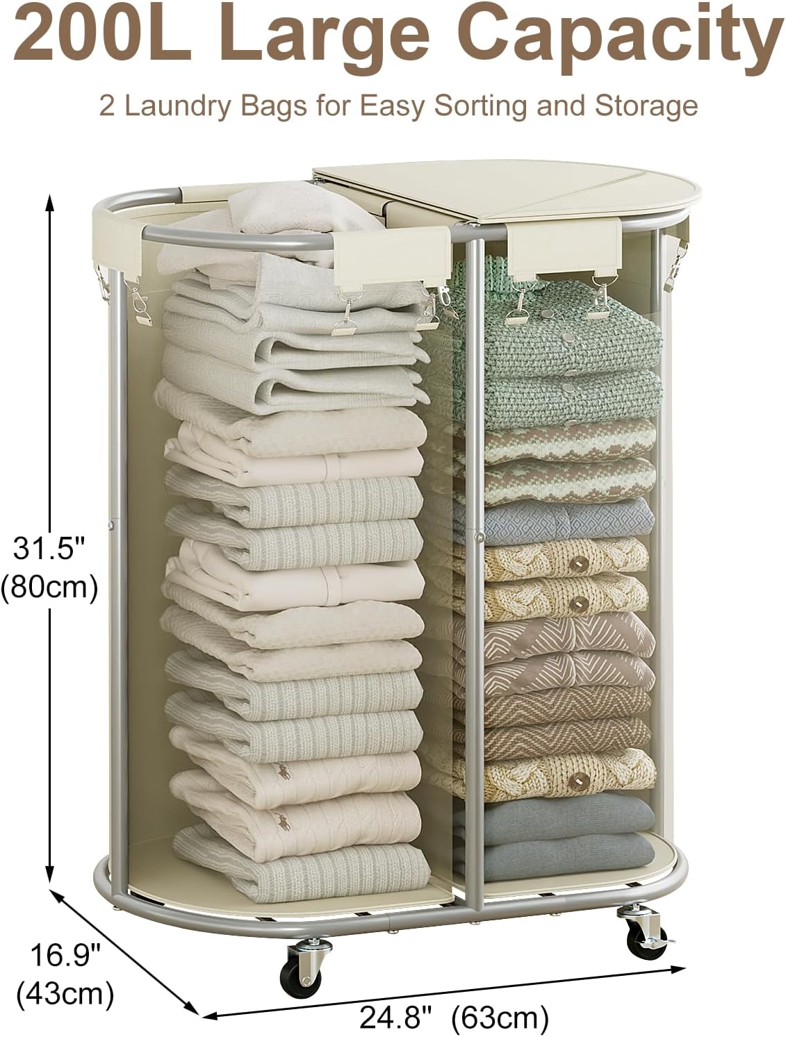 200L Double Laundry Hamper with Lid and Wheels, Large Oval Rolling Laundry Basket 2 section, Sturdy Metal Laundry Cart with 2 Removable Bags, Dirty Clothes Organizer for Home, Dorm, Black