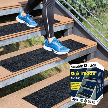 6" x 30" Anti Slip Traction Treads Tape (12-Pack), Pre-Cut Grip Tape for Stair Steps Outdoor, Waterproof Black Non Slip Stair Treads for Floor Safety, Easy to Install