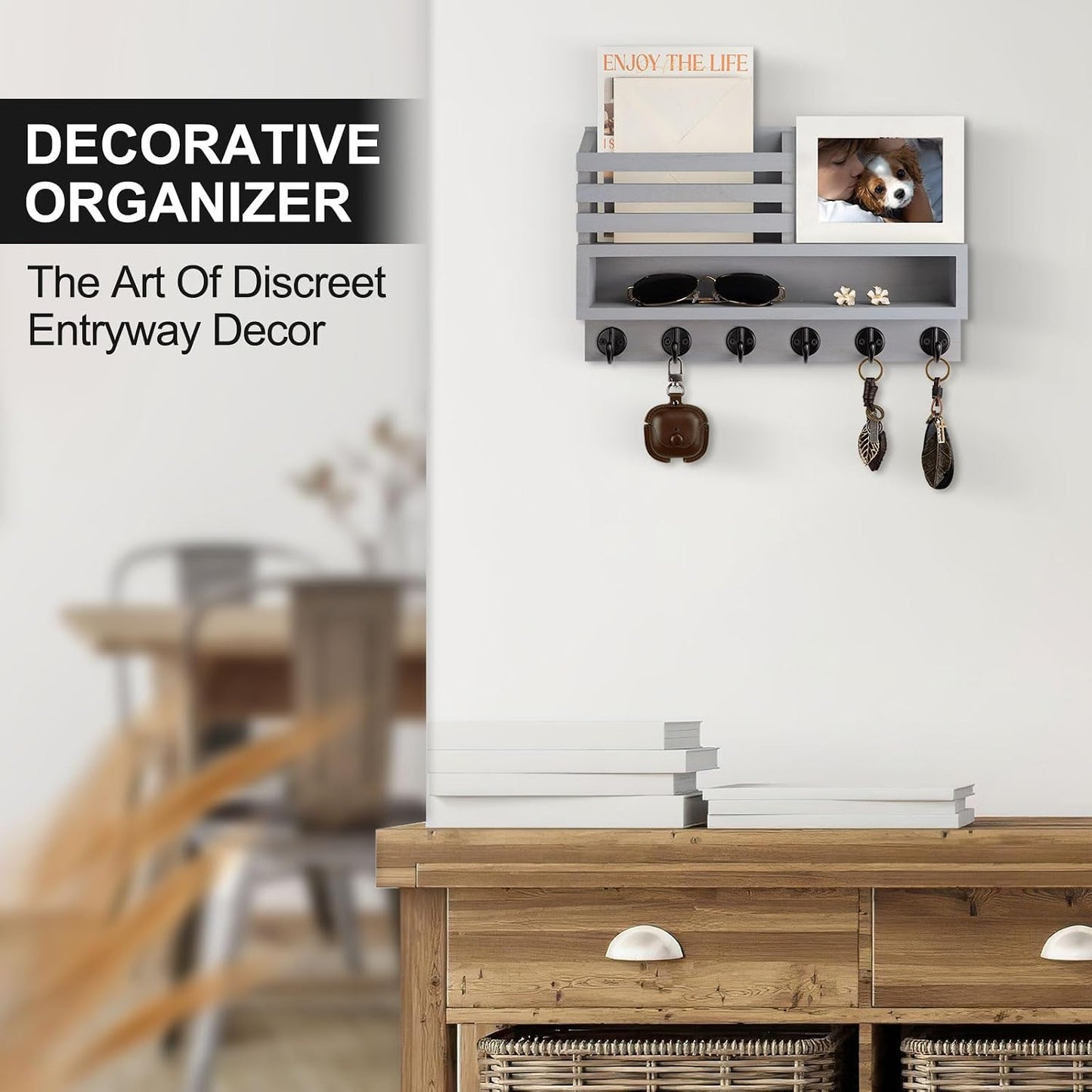 Key and Mail Holder Wall Mount, Key Hanger with Long Storage Box and 5 Hooks for Coat, Dog Leash, Home Decor Rack, House Accessories, Entry Way Organizer 11.8”W x 7.8”H x 3.2”D