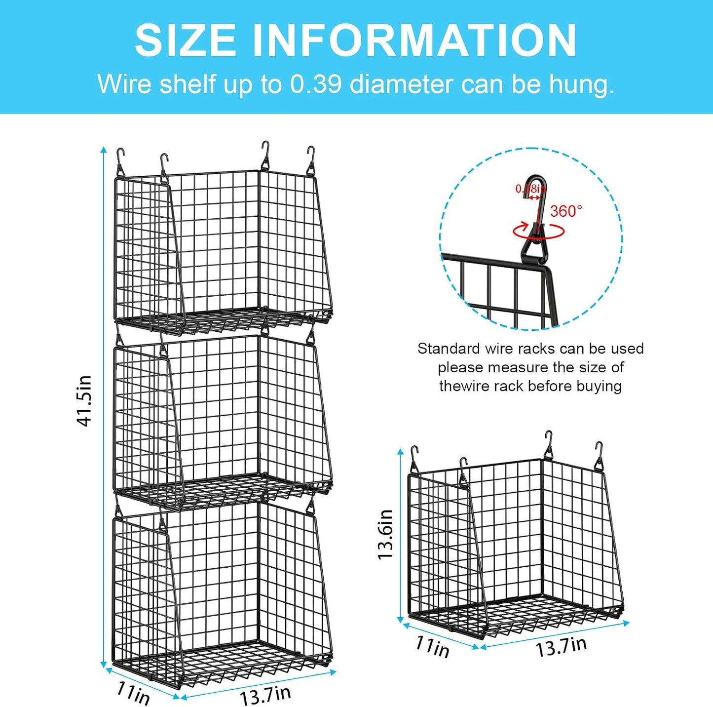 3-Pack Extra-Tall 13.6'' Hanging Laundry Basket Organizer, Foldable Wire Shelf with 360° Rotating Hooks & Reinforced Height - Durable Space-Saving Laundry Room & Closet Organizer, White Patent