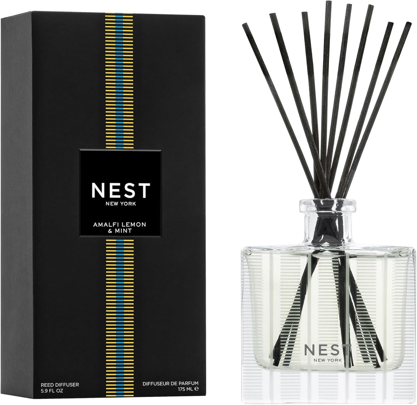 NEST New York Reed Diffuser, Moroccan Amber - 5.9 fl oz - Fragrance for Up to 90 Days - Reusable, Refillable Glass Holder - Includes 8 All-Natural Reed Sticks - Flame Free