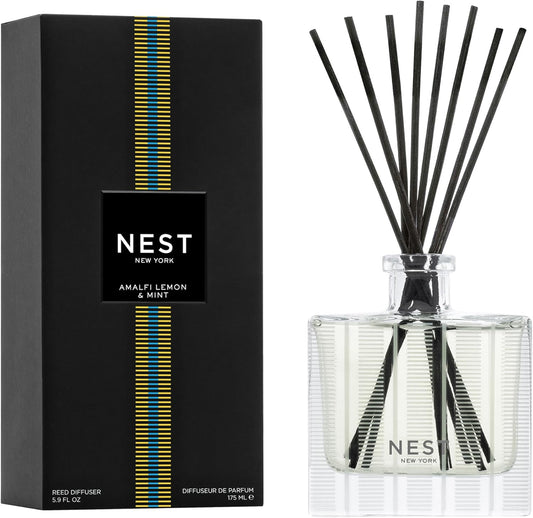 NEST New York Reed Diffuser, Moroccan Amber - 5.9 fl oz - Fragrance for Up to 90 Days - Reusable, Refillable Glass Holder - Includes 8 All-Natural Reed Sticks - Flame Free