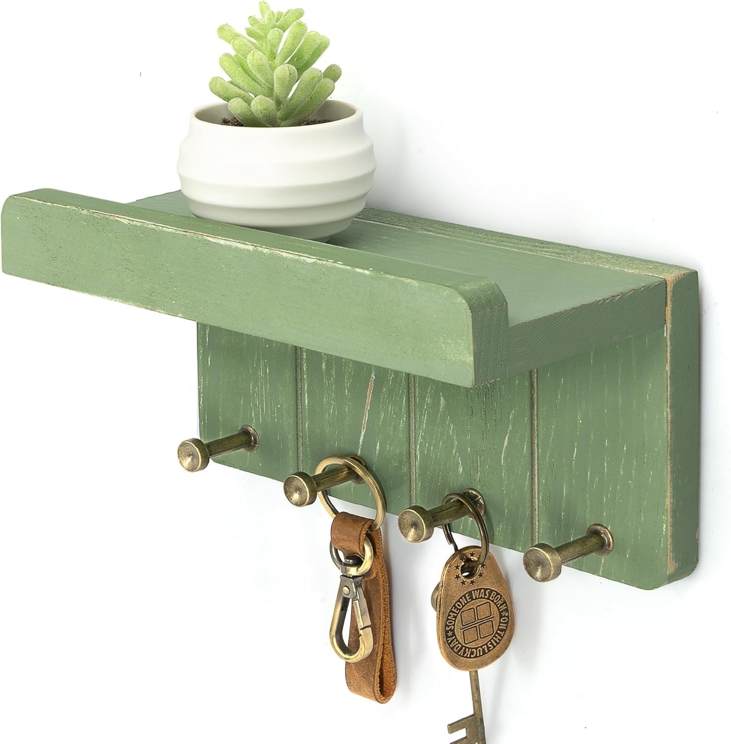 Rebee Vision Small Key Holder Wall Mount for Farmhouse Decor - Key and Mail Holder for Wall with Shelf and 4 Key Hooks - Room Decor Aesthetic (Distressed Blue)