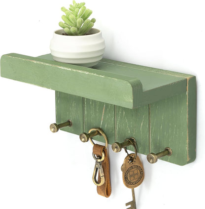 Rebee Vision Small Key Holder Wall Mount for Farmhouse Decor - Key and Mail Holder for Wall with Shelf and 4 Key Hooks - Room Decor Aesthetic (Distressed Blue)