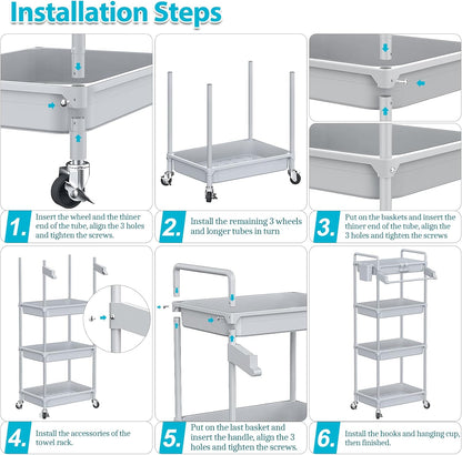 SPACEKEEPER Rolling Storage Cart, 4-Tier Bathroom Organizer Utility Cart Laundry Room Organization Mobile Shelving Unit with Towel Rack, Lockable Wheel, Hooks & Cup for Kitchen Bedroom Office, White