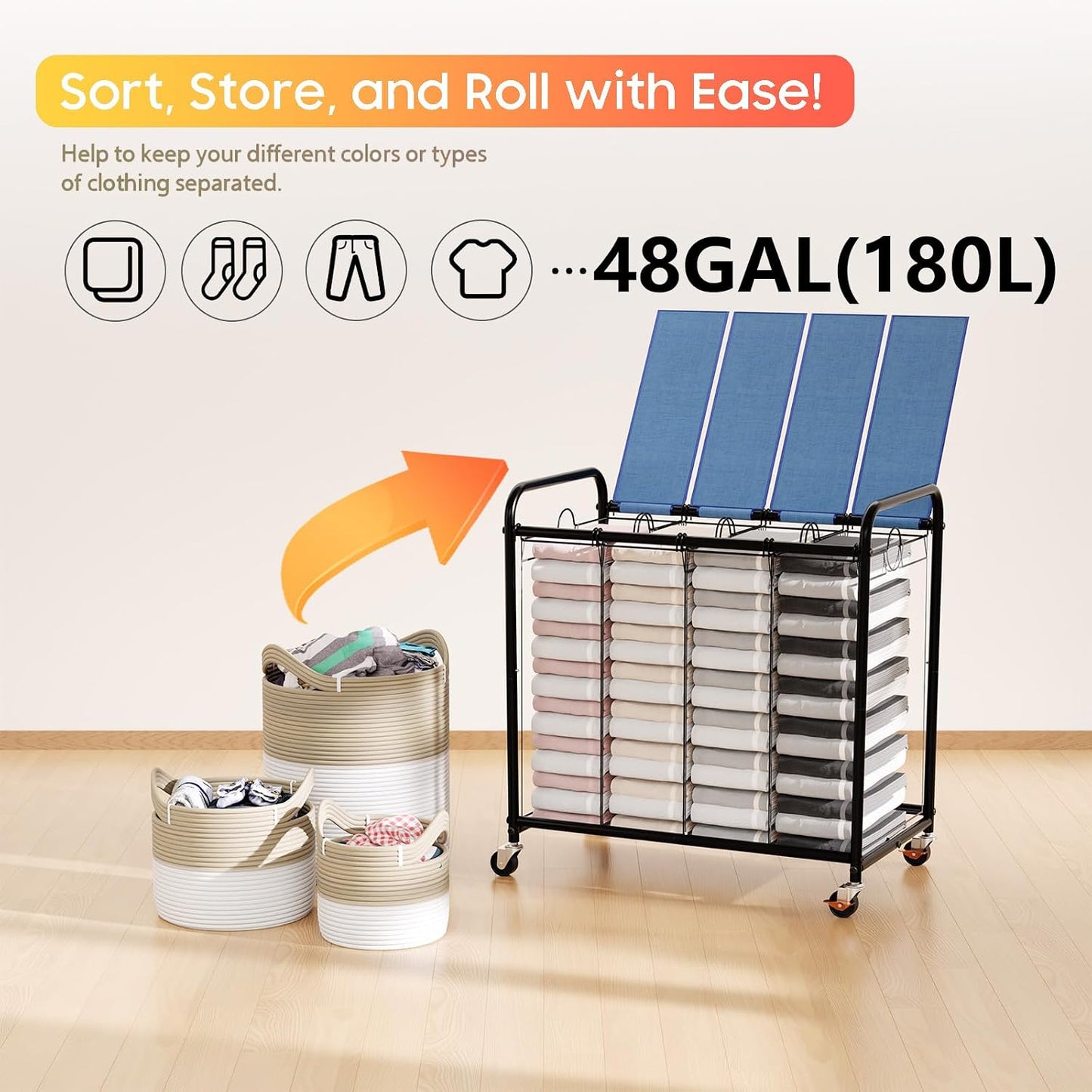 180L (47.55 Gal) Laundry Sorter 3 Section, Rolling Laundry Basket with Lockable Wheels and Lid, Laundry Hamper with 3 Separated Removable Bags Dirty Clothes Hamper for Laundry Room Organizer, Black