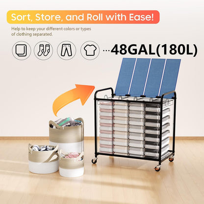 180L (47.55 Gal) Laundry Sorter 3 Section, Rolling Laundry Basket with Lockable Wheels and Lid, Laundry Hamper with 3 Separated Removable Bags Dirty Clothes Hamper for Laundry Room Organizer, Black