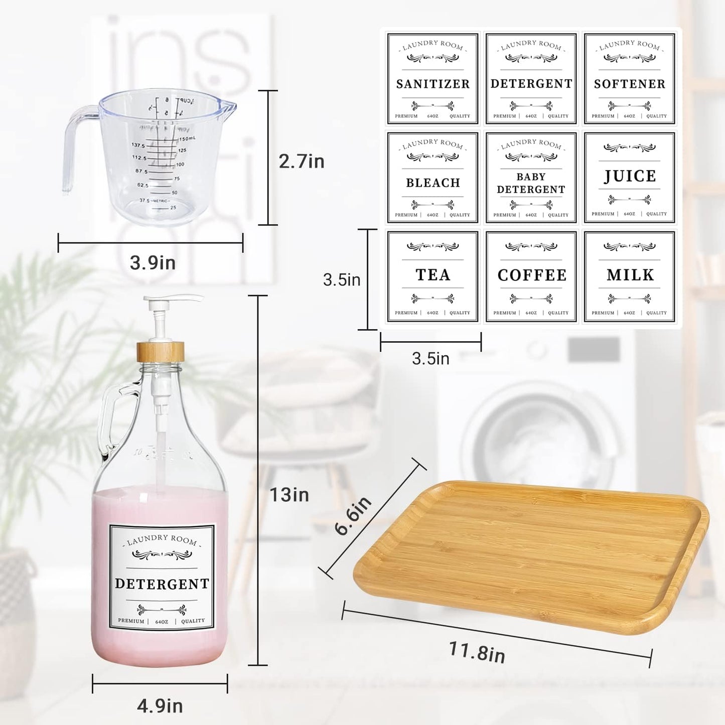 2 Pcs Glass Laundry Detergent Dispenser Bottle, Liquid Laundry Soap Dispenser for Laundry Room, 64oz Detergent Bleach Softener Dispenser for Farmhouse Decor, Includes Bamboo Pumps Tray Funnel Labels