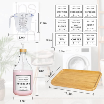2 Pcs Glass Laundry Detergent Dispenser Bottle, Liquid Laundry Soap Dispenser for Laundry Room, 64oz Detergent Bleach Softener Dispenser for Farmhouse Decor, Includes Bamboo Pumps Tray Funnel Labels