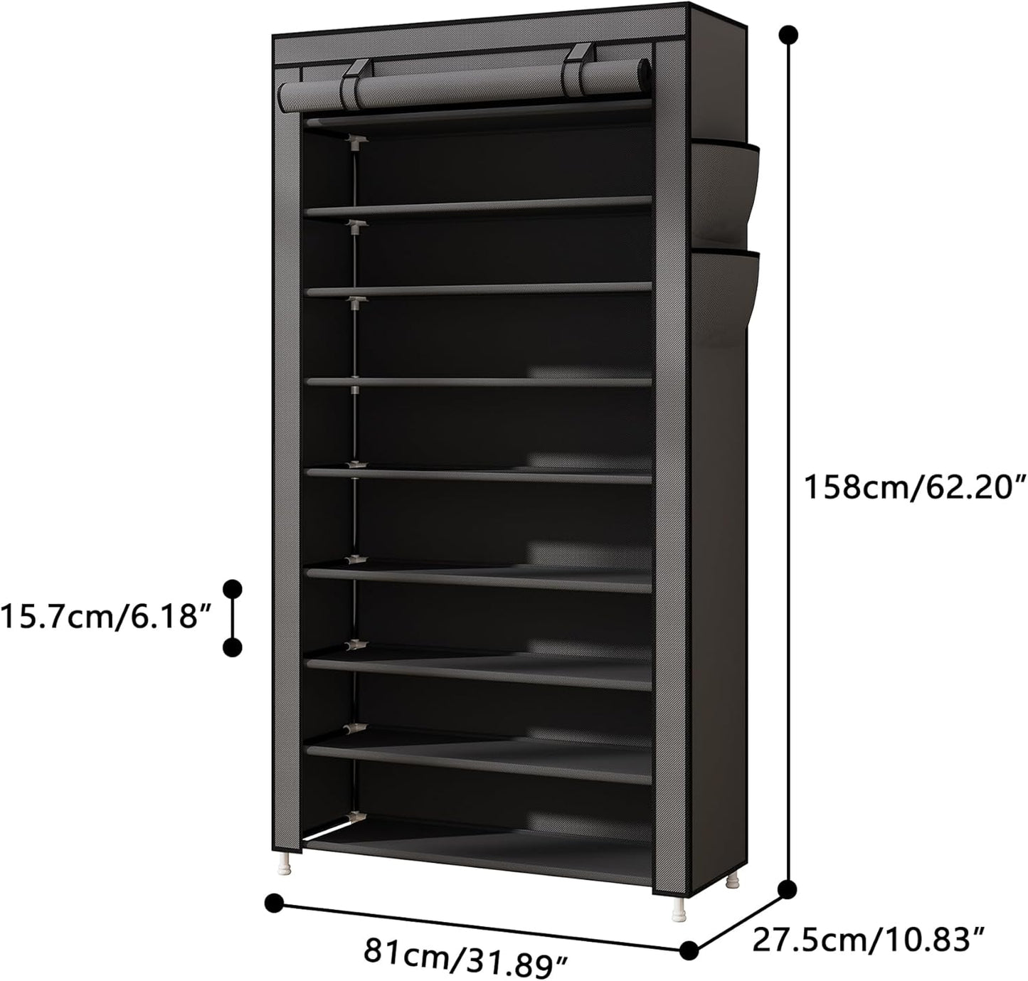 Laiensia 9-Tier Vertical Shoe Rack Organizer, Space Saving Shoe Storage Organizer, Non-Woven Cover Shoe Shelf Holds 36-45 Pairs for Bedroom, Hallway, Closet Entryway, Black
