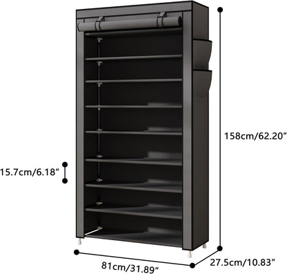 Laiensia 9-Tier Vertical Shoe Rack Organizer, Space Saving Shoe Storage Organizer, Non-Woven Cover Shoe Shelf Holds 36-45 Pairs for Bedroom, Hallway, Closet Entryway, Black