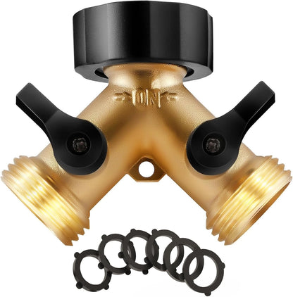 IPOW Brass Heavy Duty 2 Way Y Valve Garden Hose Splitter Adapter High Flow Spigot Splitter + 6 Rubber Hose Washers with Comfort Grip Use