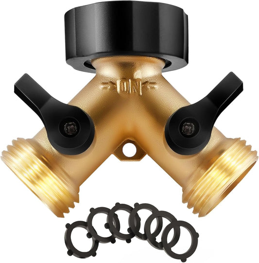 IPOW Brass Heavy Duty 2 Way Y Valve Garden Hose Splitter Adapter High Flow Spigot Splitter + 6 Rubber Hose Washers with Comfort Grip Use
