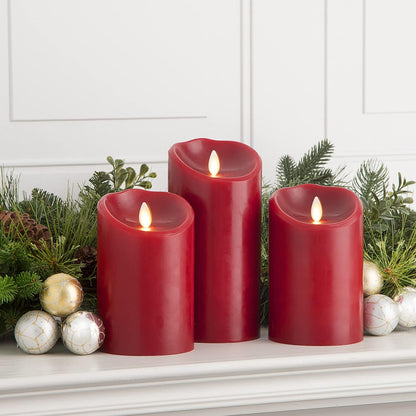 Luminara Realistic Flameless LED Set of 3 Ivory Pillar Candles, Home Safe Moving Flame Melted Top Illumination, Battery Operated Remote Control w/Timer