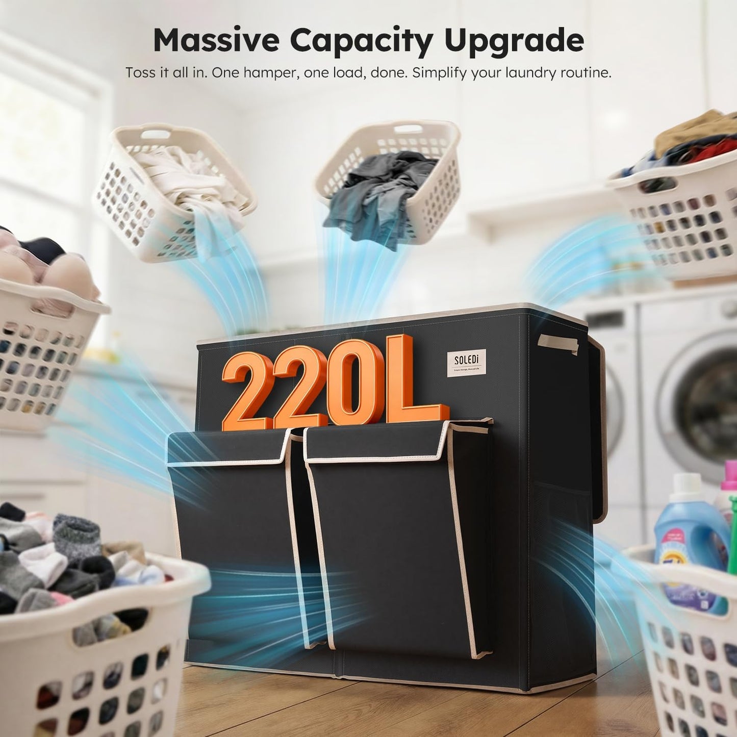 SOLEDI 220L Laundry Hamper 3 Section,Extra Large Laundry Basket with Lid and 2 Side Pockets, Dirty Clothes Hamper with Removable Bag Easy to Carry for Laundry Room, Bedroom, Bathroom, Black