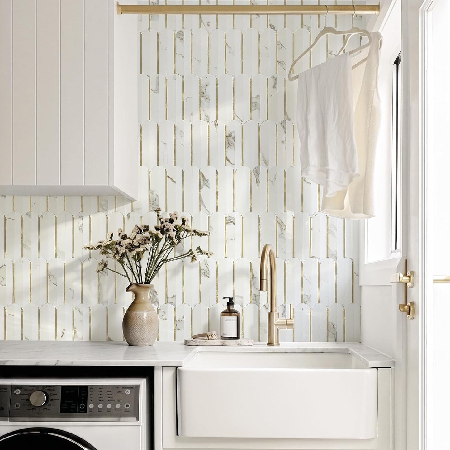 Vamos Peel and Stick Backsplash Seamless Tile for Kitchen and Bathroom,White and Beige Slate PVC Mixed Light Gold Self Adhesive Fish Scale Metal Mosaic Tiles (10 Sheets)