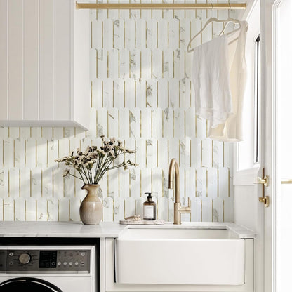 Vamos Peel and Stick Backsplash Seamless Tile for Kitchen and Bathroom,White and Beige Slate PVC Mixed Light Gold Self Adhesive Fish Scale Metal Mosaic Tiles (10 Sheets)