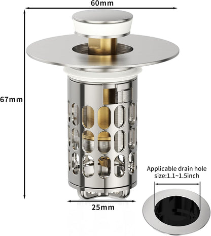 QYHNYJF Bathroom Sink Stopper with Hair Catcher – Universal Pop-Up Drain Strainer for 1.1–1.5 inch US Standard Sink Drain Holes, Anti-Clog Basin Stopper, Silver