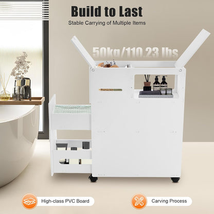 PERFERATE Slim Bathroom Storage Cabinet with Toilet Paper Holder - Narrow Slide Out Drawers Rolling Cart Organizer for Small Space for Bathroom Small Space, Toilet Corner Storage