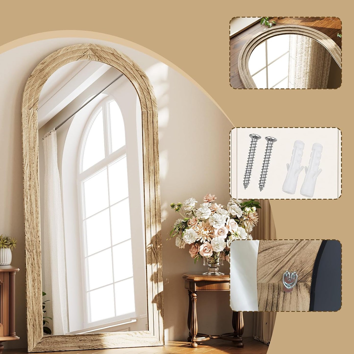 XRAMFY Full Length Mirror 65" x 22", Arched Large Floor Mirror with Solid Wood Frame, Freestanding & Wall Mounted, Antique Brown Finish for Bedroom Living Room